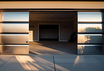 Sleek, high-tech automatic garage door opening at sunset, showcasing new technology upgrades for modern homes in Grayslake, IL.