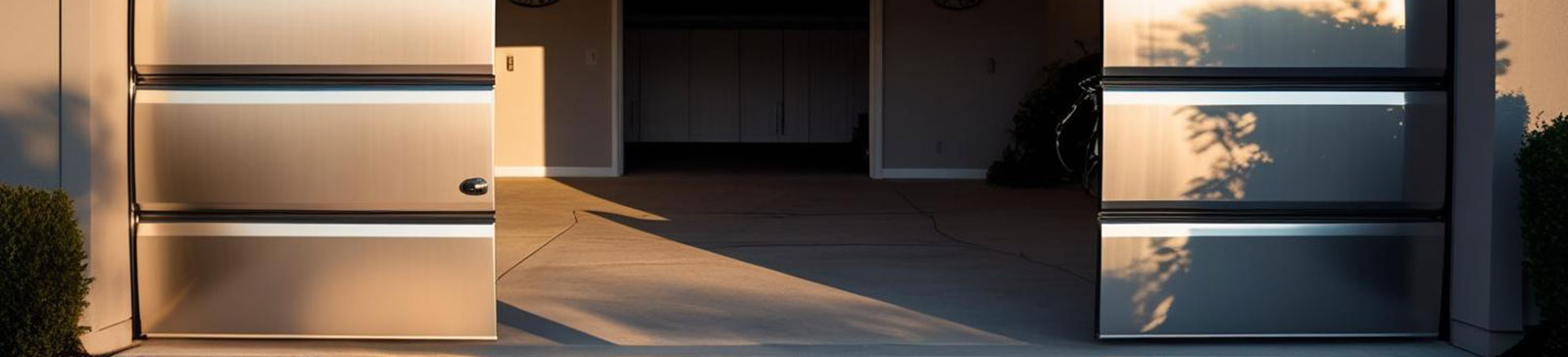 Sleek, high-tech automatic garage door opening at sunset, showcasing new technology upgrades for modern homes in Grayslake, IL.