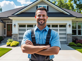 Confident garage door technician standing with arms crossed in front of a modern residential house with double garage doors.