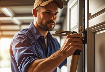 Close-up of a person tightening hardware on a modern garage door, demonstrating essential DIY maintenance steps.