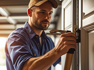 Close-up of a person tightening hardware on a modern garage door, demonstrating essential DIY maintenance steps.