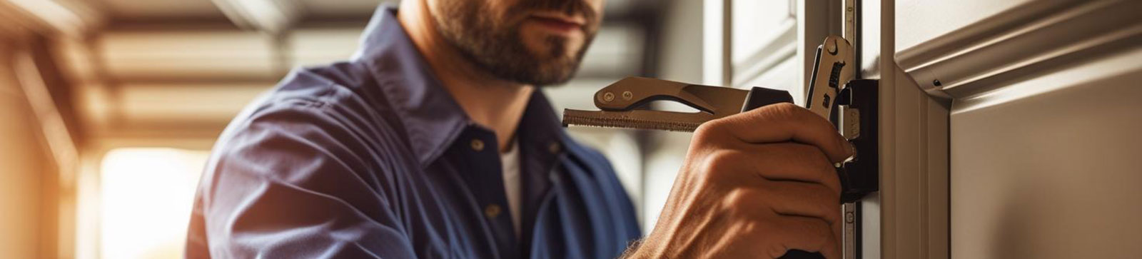 Close-up of a person tightening hardware on a modern garage door, demonstrating essential DIY maintenance steps.