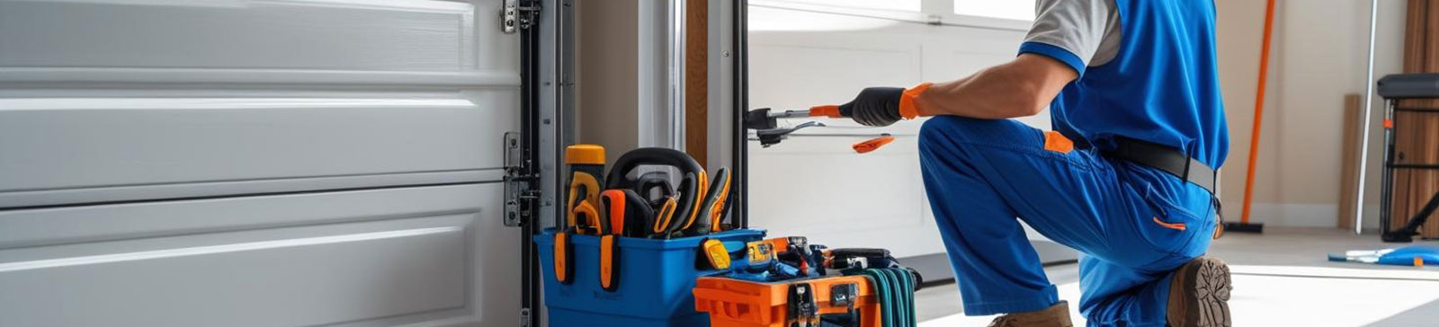 Technician performing inspection and maintenance on a residential garage door, with toolkits on the floor in Grayslake, IL.