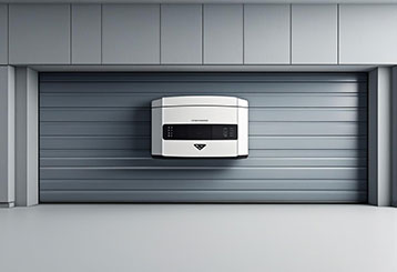 Automatic garage door opener mounted on sleek garage door in a modern Grayslake, IL garage.