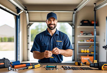Garage door repair technician in uniform working with tools in a well-equipped Grayslake, IL garage.