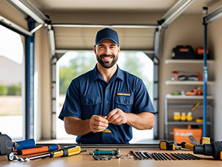Garage door repair technician in uniform working with tools in a well-equipped Grayslake, IL garage.