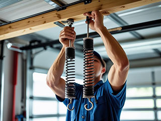 Technician installing overhead garage door springs in a bright residential garage in Grayslake, IL.