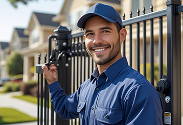 Technician in uniform servicing a driveway gate in a Grayslake, IL residential community.