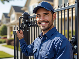 Technician in uniform servicing a driveway gate in a Grayslake, IL residential community.