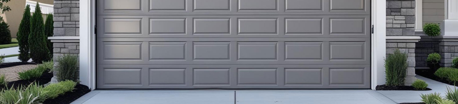 Modern gray garage door freshly installed on a stylish Grayslake, IL residence with stone accents.
