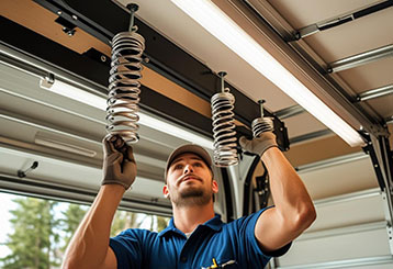 Professional technician installing overhead garage door springs inside a garage, highlighting safe and expert spring fixation.