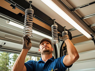 Professional technician installing overhead garage door springs inside a garage, highlighting safe and expert spring fixation.