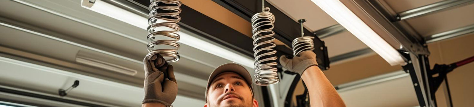 Professional technician installing overhead garage door springs inside a garage, highlighting safe and expert spring fixation.