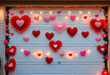 White garage door covered with heart-shaped decorations and string lights, celebrating Valentine’s Day in a creative, festive style.