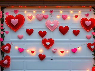 White garage door covered with heart-shaped decorations and string lights, celebrating Valentine’s Day in a creative, festive style.