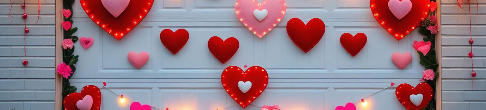 White garage door covered with heart-shaped decorations and string lights, celebrating Valentine’s Day in a creative, festive style.